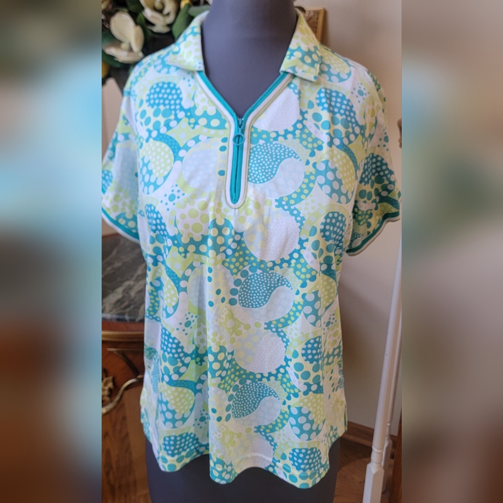 $62 NWT Bette & Court Golf Polo Shirt Womens Short Sleeve Green Blue 1/4 Zip XL